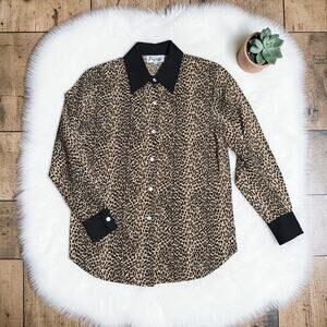 Vintage KUNTO Leopard Print Long Sleeve Button Up Shirt 100% Silk M